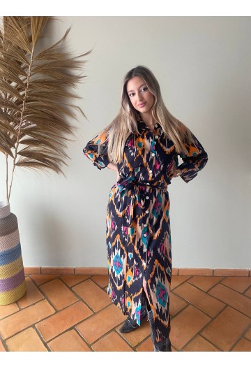 VESTIDO CAMISERO SUR ÁFRICA IKAT NEGRO 