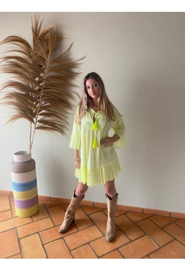 VESTIDO BLUSÓN HAWAI BOHO AMARILLO FLUOR 